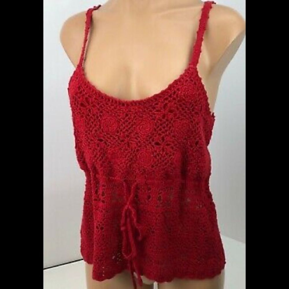Vtg 1980’s AVON  Red Crochet Cami Boho Empire tie waist Sz Lg